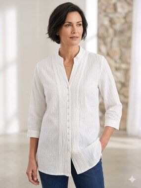 Chico's Romantic White Embroidered Pintuck Tunic Blouse NWT Size 2 (L/12)